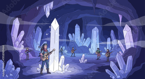 Musician playing guitar in a crystal cave.