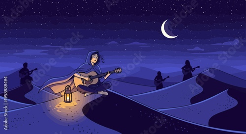 Musician Playing Guitar Under Crescent Moon in Desert.