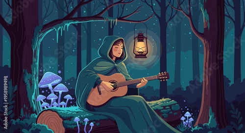 Mysterious hooded figure playing guitar in enchanted forest.
