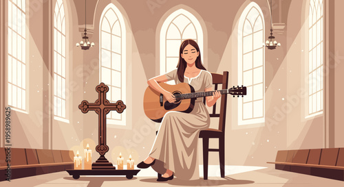 Woman Playing Guitar in Church.