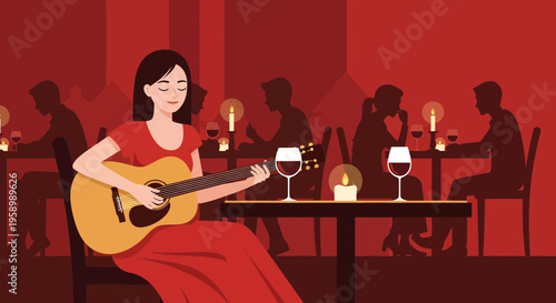 Woman playing guitar in a romantic restaurant setting.