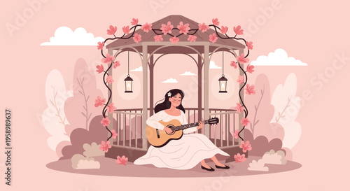 Woman playing guitar in a gazebo.