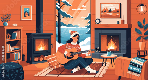 Woman playing guitar in cozy winter room.