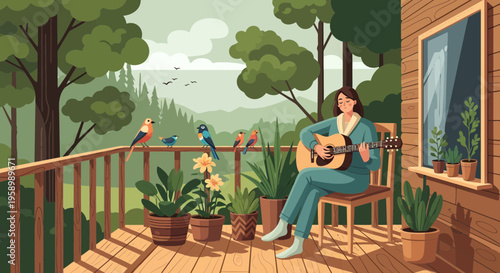 Woman playing guitar on a wooden balcony surrounded by nature.