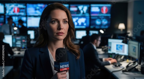 A female news anchor holding a microphone in a modern newsroom with multiple screens and computers in the background.