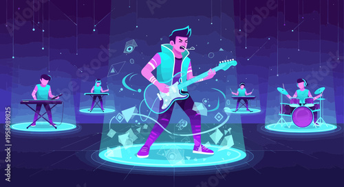 Young man playing electric guitar on stage with band members.