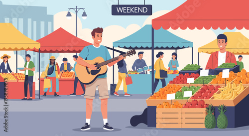 Young Man Playing Guitar at Outdoor Market.