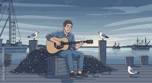 Young Man Playing Guitar by the Water.