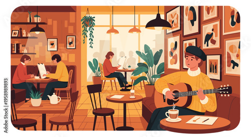 Young man playing guitar in a cozy cafe setting.