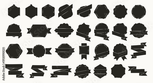 Set of Vintage Retro Badges, Labels, and Ribbons - Black Silhouettes