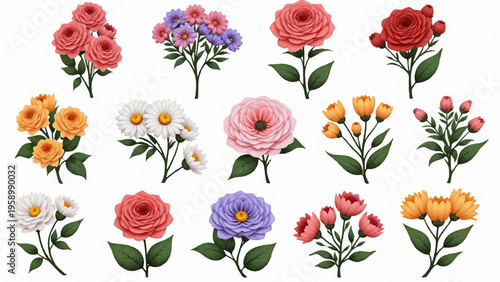 Colorful Floral Icons, Flower Bouquet Illustrations, Vector Flowers, Botanical Graphics