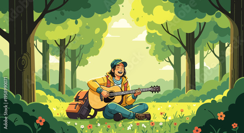 Young Person Playing Guitar in Nature.