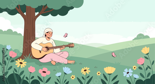 Young person playing guitar under a tree surrounded by flowers.