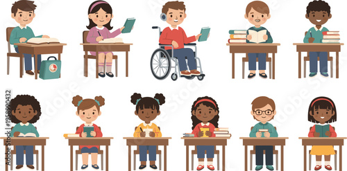 Diverse students in classroom set with kids studying reading and learning at desks, inclusive education flat vector illustration collection for school design