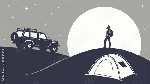 Camping, outdoor adventure, nighttime scene, vector illustration, travel