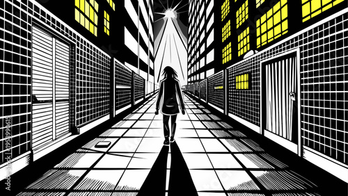 Abandoned Prison Corridor, Dark Alleyway, Isolated Woman, Gloomy Cityscape
