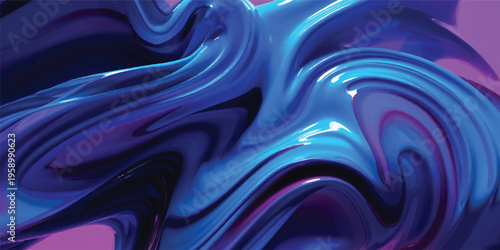 A digital 3D illustration of an abstract blue fractal background featuring a wavy silk texture and liquid paint swirls with a metallic gold finish for a sophisticated wallpaper design