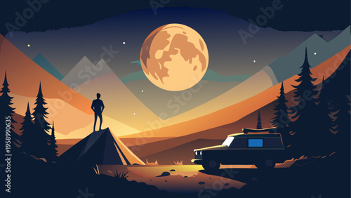 Camping, outdoor adventure, nighttime scene, vector illustration, mountains, moonlight