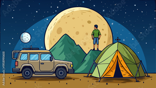 Camping, adventure, nighttime, outdoors, travel, vector illustration, moonlit landscape, tent, SUV, mountains