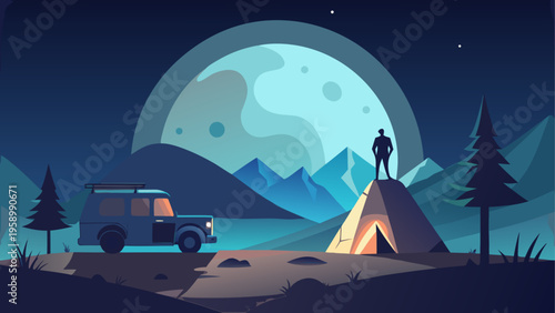 Camping, outdoor adventure, nighttime scene, vector illustration, moonlit landscape