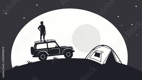 Camping, outdoor adventure, nighttime scene, vector illustration, moonlit landscape