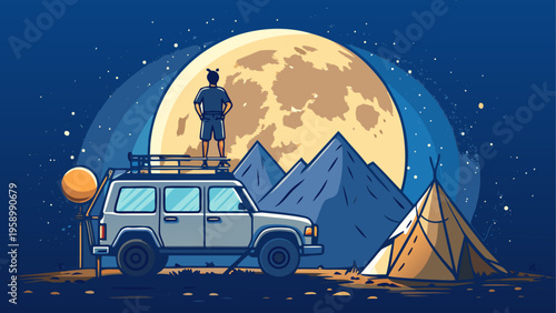 Camping, adventure, nighttime, outdoors, travel vector illustration