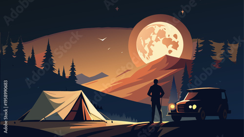Camping, outdoor adventure, nighttime scene, vector illustration, wilderness exploration