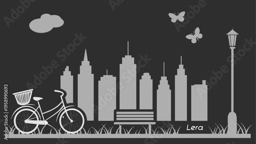 Cityscape, urban, skyline, gray, vector illustration, city, bicycle, park