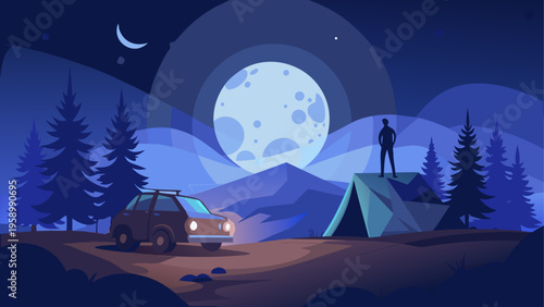 Camping, nighttime, mountains, adventure, outdoor, vector illustration, moonlight, travel