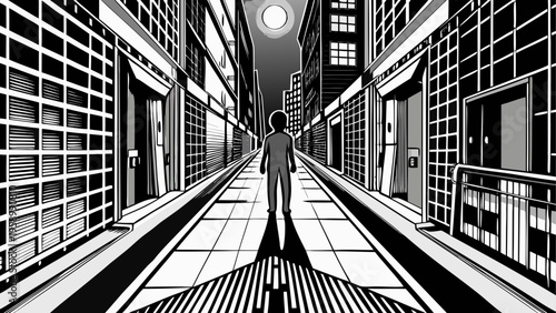 City street, urban landscape, black and white illustration, cityscape, nighttime scene