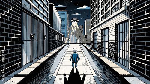 cityscape, comic book illustration, urban alleyway, nighttime scene, vector graphic