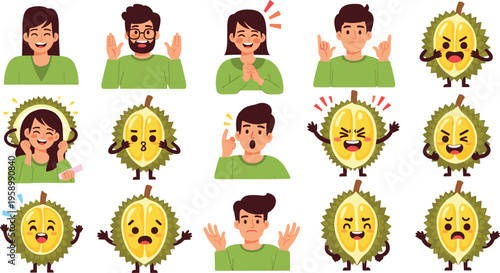 Durian fruit reactions and human expressions set with funny emotions, tropical food cartoon characters flat vector illustration collection for humor design