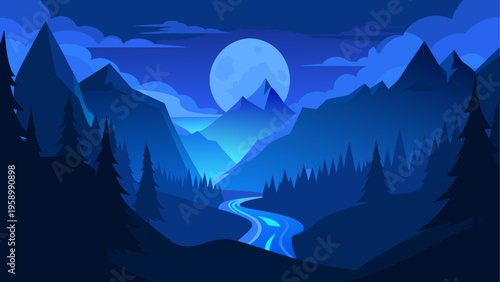 Moonlit Mountain Landscape, Dark Blue Nature Scene, Nighttime River Valley, Gradient Vector Illustration