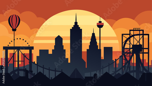 City skyline, sunset, amusement park, vector illustration, urban landscape, colorful sky