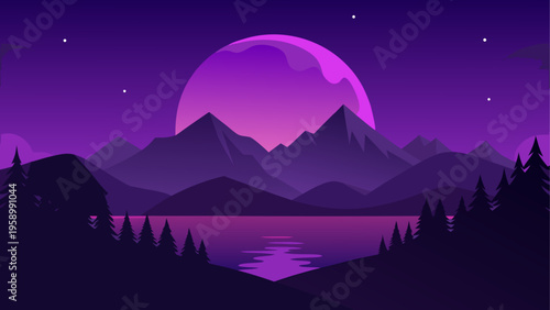 Purple night landscape, mountain range, lake scene, vector illustration, moonlight