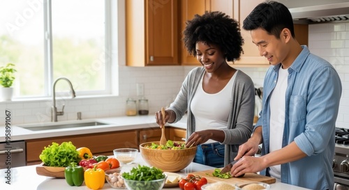 Couple preparing fresh vegetables for salad in modern kitchen with natural light