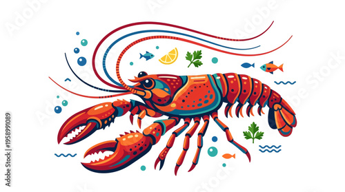 Vibrant Red Lobster Illustration with Whimsical Underwater Elements.