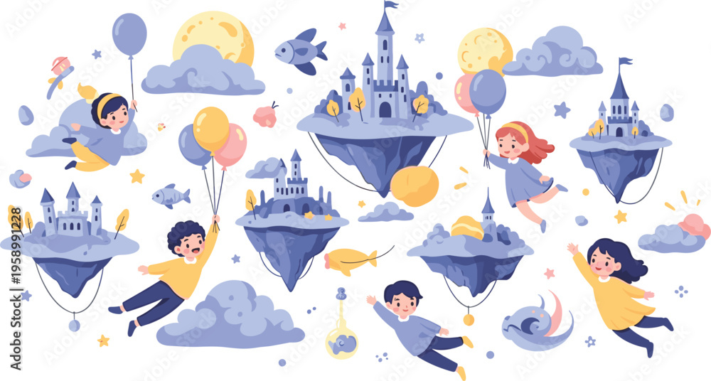 Obraz premium Fantasy flying islands with kids and castles in dreamy sky world, magical adventure scene flat vector illustration collection for children design
