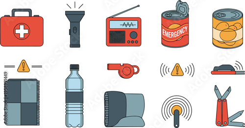 Emergency survival kit set with flashlight radio food cans and tools, disaster preparedness essentials flat vector illustration collection for safety design