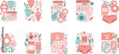 Feminine hygiene and menstrual care set with period products calendar and wellness items, women health flat vector illustration collection for education design