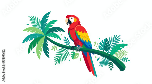 Vibrant Scarlet Macaw Parrot Perched on a Branch.