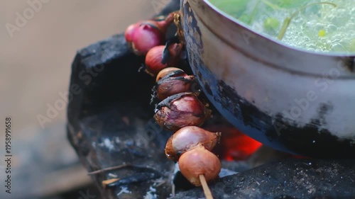 Freshly Cooked Skewers Over Glowing Charcoal Flame with Vegetables in Pot Awaiting Tasty Meal in Outdoor Setting