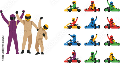 Go kart racing set with drivers in helmets and colorful karts, motorsport competition flat vector illustration collection for sports design