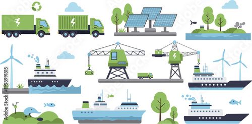 Green energy and sustainable transport set with solar panels wind turbines electric trucks and ships, eco technology flat vector illustration collection