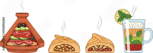 Middle Eastern food set with tajine stuffed flatbread and fresh drink, traditional cuisine flat vector illustration collection for restaurant menu design