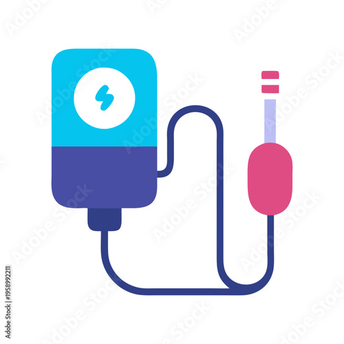 Portable music player icon with audio jack cable, digital mp3 player vector illustration, blue and pink electronic gadget for listening to music