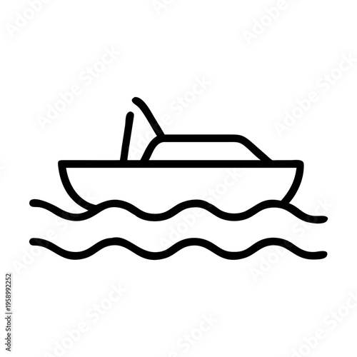 Minimalist motorboat line icon on ocean waves, modern speedboat vector illustration, simple nautical vessel symbol for travel and marine navigation