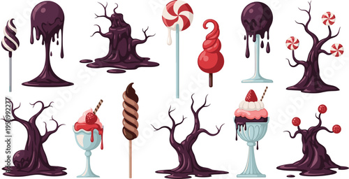 Halloween candy and spooky dessert set with melting sweets and creepy trees, dark fantasy treats flat vector illustration collection for holiday design