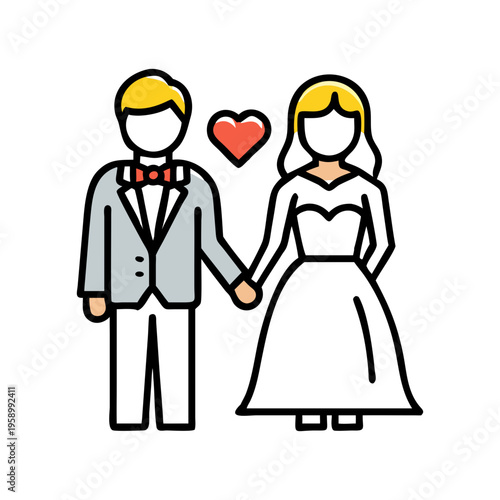 Wedding couple icon vector, bride and groom holding hands with red heart, marriage ceremony illustration, romantic newlyweds in flat line style