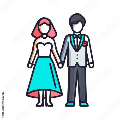 Wedding couple vector illustration, bride and groom holding hands, elegant marriage ceremony icons, romantic newlyweds in formal attire